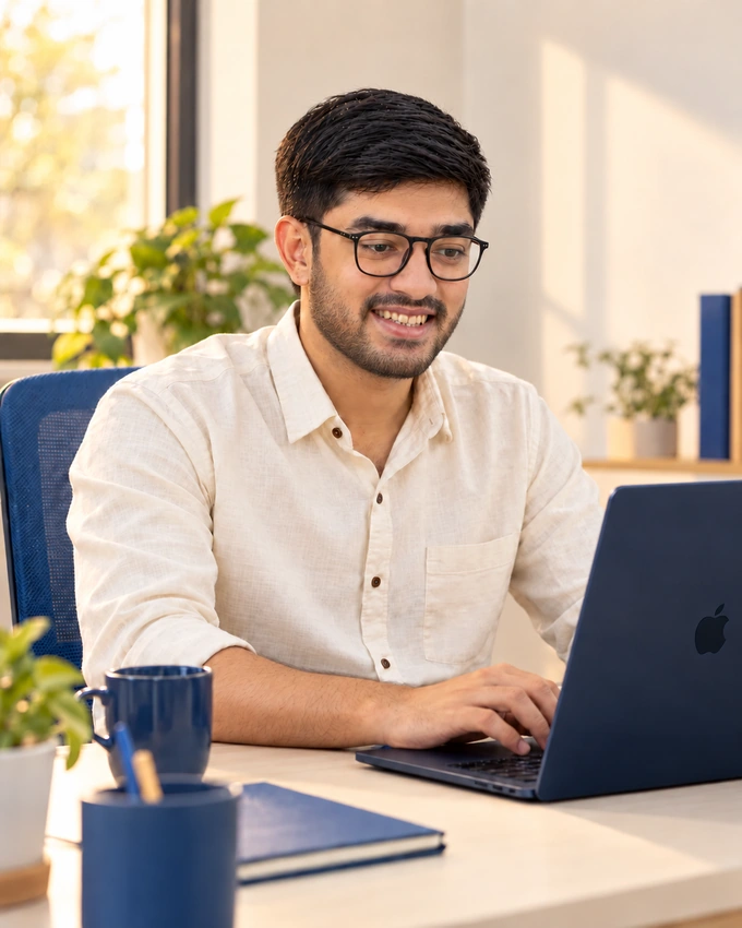 Jay Isamaliya seated at a desk with a laptop
